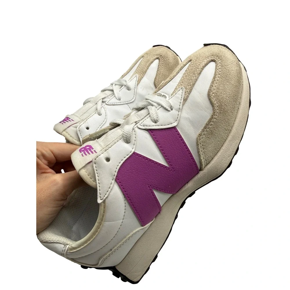 New Balance 327 Sneakers Kids 5.5 White Purple Excellent GS327ST Retro Low Top